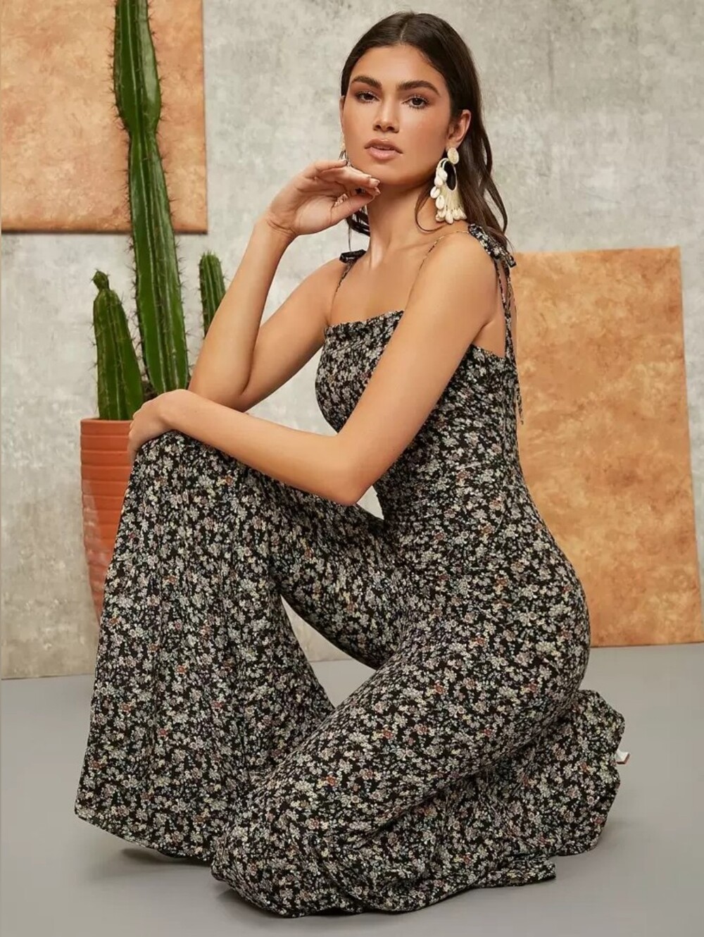 SHEIN Black Floral Smocked Flare Jumpsuit - Picture 2 of 6